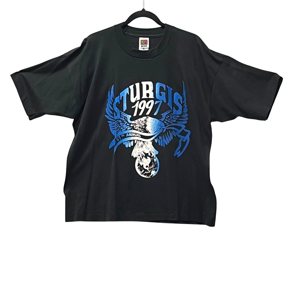 Vintage 1997 Sturgis Black Hills Rally Tee XL Eagle Globe Single Stitch Black